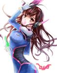  1girl arm_up bangs blue_bodysuit bodysuit bottle bracer breasts brown_eyes brown_hair bubble_blowing charm_(object) chewing_gum cowboy_shot d.va_(overwatch) facepaint facial_mark gloves gun hand_up headphones high_collar holding holding_bottle holding_gun holding_weapon long_hair looking_at_viewer m-musume_(catbagel) medium_breasts overwatch pauldrons pilot_suit ribbed_bodysuit shoulder_pads simple_background skin_tight solo standing weapon whisker_markings white_background white_gloves 