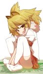  1girl animal_ears bangs between_legs blonde_hair blush brown_eyes checkered checkered_skirt commentary_request eyebrows_visible_through_hair fang feet full_body hand_between_legs hands_on_feet kemono_friends lion_(kemono_friends) lion_ears looking_at_viewer looking_to_the_side medium_hair no_shoes on_floor open_mouth pleated_skirt raised_eyebrows red_skirt shirt short_sleeves simple_background sitting skirt soles solo sumiyao_(amam) thigh-highs white_background white_legwear white_shirt 