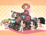  &gt;_&lt; 6+girls bikini black_eyes black_hair blonde_hair blush_stickers brown_eyes brown_hair caterpillar_tracks checkered checkered_background chibi closed_eyes fang girls_und_panzer glasses ground_vehicle m3_lee maruyama_saki midriff military military_vehicle motor_vehicle multiple_girls navel one_eye_closed one_leg_raised oono_aya open_mouth paint paint_gun paint_splatter sakaguchi_karina sandals sankuma sawa_azusa swimsuit tank twintails utsugi_yuuki yamagou_ayumi 