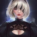  1girl bangs blindfold blue_eyes breasts cleavage_cutout headband highres looking_at_viewer medium_breasts mole mole_under_mouth nier_(series) nier_automata one_eye_covered parted_lips portrait quianyu_mo silver_hair solo yorha_no._2_type_b 