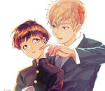  2boys black_hair black_jacket blonde_hair blue_eyes blue_jacket book collared_shirt eyebrows_visible_through_hair fingernails hair_between_eyes holding holding_book jacket kageyama_shigeo long_sleeves looking_at_another looking_up male_focus mob_psycho_100 multiple_boys necktie open_book open_mouth parted_lips reigen_arataka shirt simple_background white_background white_shirt yaku_(ziroken) 