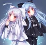  2girls :3 :q bangs black_bow black_capelet black_dress blue_background blue_hair blush bow capelet closed_mouth dress expressionless eyebrows_visible_through_hair hair_bow hair_ribbon hand_up highres leaning_forward len long_hair looking_at_viewer multiple_girls neck_ribbon pointy_ears pom_pom_(clothes) red_eyes ribbon silver_hair simple_background smile tanaji tongue tongue_out tsukihime twitter_username white_capelet white_dress white_len white_ribbon 