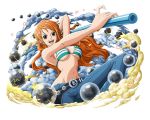  1girl :d belt blue_pants bodskih breasts brown_eyes brown_hair cleavage earrings floating_hair from_below green_bikini_top groin holding holding_staff jewelry large_breasts long_hair midriff nami_(one_piece) navel one_piece open_mouth pants shiny shiny_skin sideboob smile solo staff stomach striped_bikini_top transparent_background under_boob very_long_hair 