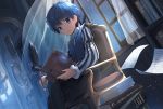  1boy black_legwear black_shorts blue_eyes blue_hair book cocolo_(co_co_lo) crossed_egs dutch_agle highres holding holding_book indoors night open_book open_window shorts sitting sky solo star_(sky) starry_sky 