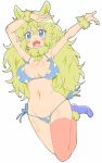  1girl :d absurdres animal_ears arms_up bare_shoulders bikini blonde_hair blue_bikini blue_eyes blue_footwear breasts breasts_apart donguri_suzume eyebrows_visible_through_hair fang full_body fur_collar fur_trim hair_between_eyes highres jumping long_hair looking_at_viewer medium_breasts navel open_mouth red_legwear shoes side-tie_bikini simple_background single_thighhigh smile solo star star_print swimsuit thigh-highs white_background wristband 