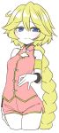  10s 1girl armband bare_shoulders blonde_hair blue_eyes blush braid carol_malus_dienheim cleavage_cutout closed_mouth collared_jacket commentary_request cowboy_shot cropped_legs dress eyebrows_visible_through_hair hair_between_eyes highres jacket long_hair looking_at_viewer mole mole_under_eye no_nose pale_color partially_colored pink_dress pink_jacket pink_shorts senki_zesshou_symphogear short_shorts shorts simple_background single_braid sleeveless_jacket solo standing sumiyao_(amam) sweat very_long_hair white_background wristband 