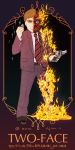  1boy batman_(series) blue_eyes brown_hair burn_scar burning burnt_clothes character_name coin copyright_name dc_comics fire formal gun male_focus necktie scar solo sparkle suit two-face weapon 