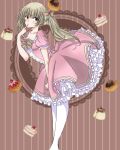  1girl blue_eyes breasts cake cleavage collarbone dessert dress feet_out_of_frame finger_to_mouth food frilled_dress frills lolita_fashion looking_at_viewer medium_breasts original pantyhose pink_dress slice_of_cake standing striped tomoshibi_(rokugatsu) twintails vertical-striped_background vertical_stripes white_legwear wind wind_lift 