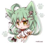  1girl :3 :d ahoge akashi_(azur_lane) animal_ears azur_lane bell bell_choker brown_eyes cat_ears chibi choker commentary_request green_hair hair_ornament hairpin long_hair looking_at_viewer machinery mole mole_under_eye noai_nioshi open_mouth ribbon_choker sleeves_past_wrists smile solo turret 