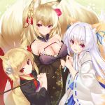  3girls ahoge animal_ears bell blonde_hair blush breast_hold breasts cleavage collarbone fan fang flower folding_fan fox_ears fox_tail from_above hair_bell hair_flower hair_ornament hair_ribbon highres inari_(sennen_sensou_aigis) japanese_clothes jingle_bell kayou_(sennen_sensou_aigis) kimono kyuubi_(sennen_sensou_aigis) large_breasts long_hair looking_at_viewer miko multiple_girls multiple_tails obi open_mouth orange_eyes oriental_umbrella ribbon sash sennen_sensou_aigis short_hair sidelocks silver_hair tail two_side_up umbrella violet_eyes wide_sleeves yki 