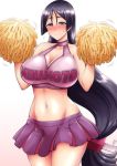  1girl alternate_costume bare_arms bare_shoulders black_hair blush breasts character_name cheerleader cleavage cleavage_cutout clothes_writing collarbone crop_top fate/grand_order fate_(series) flying_sweatdrops gradient gradient_background hands_up highres kanno_takanori large_breasts long_hair looking_at_viewer low-tied_long_hair midriff minamoto_no_raikou_(fate/grand_order) navel pleated_skirt pom_poms purple_skirt shiny shiny_hair simple_background skirt smile solo stomach sweatdrop thighs very_long_hair violet_eyes waist white_background 