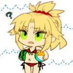  1girl ? ball bare_arms bare_shoulders beachball belly_button bikini blonde_hair chibi cowboy_shot eyebrows_visible_through_hair fate/apocrypha fate/grand_order fate_(series) food frown fruit furrowed_eyebrows green_eyes holding mordred_(fate)_(all) mordred_(swimsuit_rider)_(fate) mozu_1oo navel parted_lips red_bikini saber_of_red scrunchie side-tie_bikini solo standing swimsuit watermelon x 