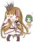  2girls :t ;d blonde_hair blue_hair blush brown_hair chibi clenched_hands crown galaco goggles goggles_on_head green_eyes green_hair gumi highres long_hair microphone multicolored_hair multiple_girls n03+ no3+ one_eye_closed open_mouth orange_eyes pink_hair pose smile star streaked_hair very_long_hair vocaloid 