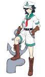  1girl anchor belt black_hair boots chains commentary_request gloves green_eyes hat looking_at_viewer meimaru_inuchiyo murasa_minamitsu sailor_collar sailor_hat short_hair shorts smile solo touhou 