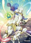  1girl armor armored_boots blue_eyes boots cape copyright_name crystal force_of_will gloves helmet solo sparkle sword weapon 