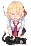  1girl ^_^ black_skirt blonde_hair blush cat closed_eyes fangs hair_ribbon heart necktie open_mouth red_necktie red_ribbon ribbon rumia short_hair short_sleeves simple_background skirt solo touhou translation_request white_background wowoguni 