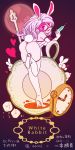  1girl animal_ears artist_name back batman_(series) boots bow bunny_tail character_name clock copyright_name cup dc_comics gloves heart long_hair mask pink_eyes rabbit rabbit_ears solo syringe tail teacup thigh-highs thong white_hair white_rabbit_(dc) 