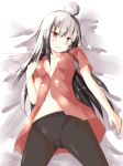  10s 1girl absurdres ahoge blush breasts gangut_(kantai_collection) grey_hair hair_between_eyes highres kantai_collection long_hair looking_at_viewer lying medium_breasts no_hat no_headwear no_jacket on_back open_mouth panties pantyhose red_eyes red_shirt rits_(single_type) scar scar_on_cheek shirt solo underwear undressing white_background 