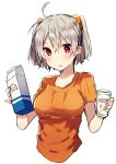  1girl :o ahoge bangs blush cropped_torso cup drinking_glass eyebrows_visible_through_hair grey_hair hair_between_eyes holding holding_cup ikeuchi_tanuma milk_carton open_mouth orange_shirt parted_lips red_eyes shirt simple_background solo twintails upper_body white_background 