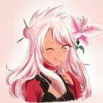 1girl ;q chloe_von_einzbern commentary_request dark_skin eyebrows_visible_through_hair fate/kaleid_liner_prisma_illya fate_(series) finger_to_mouth flower hair_bun hair_ornament hair_stick lily_(flower) long_hair looking_at_viewer one_eye_closed pink_hair sion99 smile solo tongue tongue_out upper_body yellow_eyes 