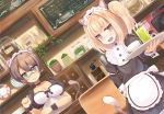  2girls :3 animal_ears apron aqua_eyes bespectacled blonde_hair blush breasts brown_hair cat_ears cat_tail choker cleavage coffee_cup coffee_grinder commentary cup dutch_angle fang glasses hand_on_hip highres iijima_yun long_sleeves looking_at_viewer maid maid_apron maid_headdress multiple_girls new_game! open_mouth paw_pose plate restaurant shinoda_hajime tail toaster_oven tray two_side_up yellow_eyes yoku_yoo 