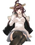  1girl alternate_costume black_legwear blouse blush breasts brown_hair can coffee double_bun grey_skirt hairband headgear highres jacket kantai_collection kongou_(kantai_collection) long_hair looking_at_viewer medium_breasts nameko_(pixiv1208089) open_mouth remodel_(kantai_collection) scarf sitting skirt smile solo thigh-highs violet_eyes white_background 