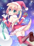  1girl :o animal_ears ass blonde_hair blush boots bow brown_footwear christmas commentary_request dog_ears dog_girl dog_tail dress elbow_gloves eyebrows_visible_through_hair fang frilled_dress frills fur-trimmed_dress fur-trimmed_gloves fur_collar fur_trim gift gloves green_bow green_eyes hair_between_eyes hair_bow hat holding holding_gift holding_sack knee_boots long_hair looking_at_viewer looking_back original red_dress red_gloves red_legwear sack santa_costume santa_hat shikito solo sparkle strapless strapless_dress tail tareme thigh-highs twintails very_long_hair 