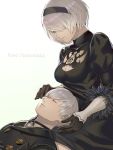  1boy 1girl black_dress black_hairband blue_eyes breasts cleavage cleavage_cutout closed_eyes collar copyright_name dress feather-trimmed_sleeves hairband highres isaroishin juliet_sleeves lap_pillow long_sleeves looking_at_another medium_breasts mole mole_under_mouth nier_(series) nier_automata no_blindfold puffy_sleeves short_hair silver_hair vambraces yorha_no._2_type_b yorha_no._9_type_s 