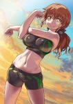  1girl abs aokihoshi bare_shoulders bike_shorts bow breasts brown_eyes brown_hair clouds hair_bow highres large_breasts long_hair looking_at_viewer midriff navel ponytail short_shorts shorts smile solo thighs track_and_field 