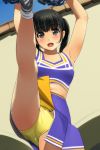  1girl :d armpits arms_up bangs bare_legs black_hair blush breasts brown_eyes cheerleader collarbone day eyebrows_visible_through_hair highres leg_up legs looking_at_viewer matsunaga_kouyou navel open_mouth original outdoors panties pom_pom_(clothes) purple_skirt short_twintails skirt sleeveless small_breasts smile socks solo standing standing_on_one_leg tareme twintails underwear upskirt wall white_legwear yellow_panties 