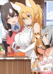 4girls alternate_hair_length alternate_hairstyle animal_ears apron bangs blonde_hair bodysuit book bow brown_bear_(kemono_friends) carrot cooking cutting_board eurasian_eagle_owl_(kemono_friends) eyebrows_visible_through_hair gloves hayashi_(l8poushou) head_wings highres kemono_friends long_hair multicolored_hair multiple_girls northern_white-faced_owl_(kemono_friends) open_mouth serval_(kemono_friends) serval_ears short_hair skirt smile tank_top 