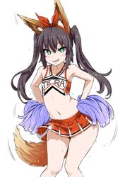  +_+ 1girl animal_ears armpits asanagi bangs bare_arms bare_shoulders black_hair blush brown_hair cheerleader contrapposto crop_top dancing elin_(tera) eyebrows_visible_through_hair feet_out_of_frame green_eyes hands_on_hips highres knees_together_feet_apart long_hair looking_at_viewer motion_lines navel parted_lips pleated_skirt pom_poms red_skirt shirt simple_background skirt sleeveless sleeveless_shirt smirk standing sweat tail tera_online twintails white_background 