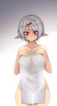  1girl blush breasts closed_mouth commentary cowboy_shot elf gluteal_fold grey_background hair_ornament hairclip hands_on_own_chest highres large_breasts looking_at_viewer nude original pointy_ears red_eyes see-through_silhouette short_hair silver_hair solo standing sub-res towel 