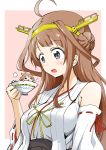  2girls =_= absurdres ahoge black_eyes braid brown_hair cup detached_sleeves headgear hiei_(kantai_collection) highres japanese_clothes kantai_collection kongou_(kantai_collection) long_hair minigirl multiple_girls nontraditional_miko open_mouth sweatdrop takano_yuuya teacup towel towel_on_head wide_sleeves 