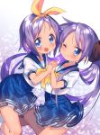  2girls :d bangs blue_eyes blue_sailor_collar blue_skirt blush bow eyebrows_visible_through_hair from_side hair_bow hairband hand_holding highres hiiragi_kagami hiiragi_tsukasa interlocked_fingers long_hair looking_at_viewer lucky_star mozu_1oo multiple_girls one_eye_closed open_mouth parted_lips pleated_skirt puffy_short_sleeves puffy_sleeves purple_hair sailor_collar school_uniform serafuku shirt short_sleeves skirt smile twintails white_shirt 