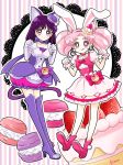  2girls :q animal_ears bishoujo_senshi_sailor_moon boots bow bubble_skirt cake_hair_ornament cat_ears chibi_usa choker color_connection cosplay cure_macaron cure_macaron_(cosplay) cure_whip cure_whip_(cosplay) double_bun dress earrings elbow_gloves extra_ears food food_themed_hair_ornament fruit gloves hair_ornament jewelry kirakira_precure_a_la_mode looking_at_viewer macaron macaron_hair_ornament multiple_girls paw_pose pink_bow pink_eyes pink_footwear pink_hair pink_neckwear precure purple_footwear purple_hair purple_neckwear purple_skirt rabbit_ears ribbon_choker sarashina_kau shoes short_hair skirt smile strawberry strawberry_shortcake thigh-highs thigh_boots tomoe_hotaru tongue tongue_out twintails violet_eyes white_dress white_gloves 