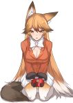  1girl animal_ears bow bowtie breasts brown_eyes brown_hair cleavage ezo_red_fox_(kemono_friends) fox_ears fox_tail full_body k_jin kemono_friends large_breasts long_hair looking_at_viewer open_mouth seiza sitting solo tail very_long_hair 