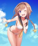  10s 1girl bare_shoulders bikini blue_sky blush braid breasts brown_hair clouds day eyebrows_visible_through_hair hair_between_eyes hair_ornament headband kantai_collection konnyaku_(kk-monmon) large_breasts leaning_forward legs_together long_hair looking_at_viewer navel one_eye_closed open_mouth outdoors propeller_hair_ornament round_teeth sailor_collar shiny shiny_hair sky solo swimsuit teeth teruzuki_(kantai_collection) translation_request twin_braids violet_eyes 
