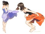  1girl artist_name bare_shoulders barefoot black_shirt breasts cleavage commentary_request dress from_behind from_side full_body highres leaning_forward medium_breasts orange_skirt original purple_dress shirt short_hair signature simple_background skirt strapless strapless_dress umishima_senbon variations white_background 