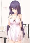  10s 1girl alternate_hair_length alternate_hairstyle arm_behind_back bare_shoulders bed bedroom breasts cleavage collarbone dress eyepatch hair_over_one_eye hand_on_own_chest heart highres kantai_collection large_breasts long_hair looking_at_viewer nightgown purple_hair saku_(kudrove) smile solo spoken_heart tenryuu_(kantai_collection) upper_body white_dress yellow_eyes 