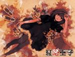  1girl alternate_costume artist_name black_dress black_legwear bob_cut book brown_eyes brown_hair color_filter copyright_name dress falling_feathers feathers flower frilled_dress frills from_above hand_to_head heart knee_up koumeda_hana kurenai_ouji kuwahara_souta leaf limited_palette logo looking_at_viewer mary_janes official_art pantyhose parted_lips rose shoes shoes_removed solo striped striped_legwear vertical-striped_legwear vertical_stripes white_rose 