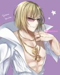  1boy blonde_hair eyebrows_visible_through_hair fate_(series) grin hand_up high_collar highres jacket jewelry looking_at_viewer male_focus muscle necklace purple_background ring sakata_kintoki_(fate/grand_order) simple_background smile solo sunglasses tanaji upper_body v-shaped_eyebrows white_jacket 