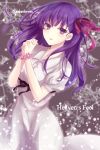  1girl copyright_name cowboy_shot dress eyebrows_visible_through_hair fate/stay_night fate_(series) grey_dress hair_ribbon hands_clasped heaven&#039;s_feel highres interlocked_fingers looking_at_viewer matou_sakura own_hands_together parted_lips pink_ribbon puffy_short_sleeves puffy_sleeves purple_hair ribbon short_sleeves smile solo standing tanaji violet_eyes 