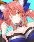  1girl animal_ears aqua_background bare_shoulders blue_dress blue_ribbon blush choker close-up closed_mouth dress dutch_angle eyebrows_visible_through_hair fate/extra fate/extra_ccc fate_(series) fox_ears hair_between_eyes hair_ribbon hand_up highres long_hair looking_at_viewer one_eye_closed pink_hair ribbon simple_background solo tamamo_(fate)_(all) tamamo_no_mae_(fate) tanaji twintails twitter_username upper_body yellow_eyes 