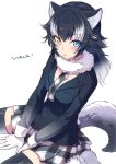  1girl :o animal_ears between_breasts between_legs black_coat black_hair black_jacket black_legwear blue_eyes blush breast_pocket eyebrows_visible_through_hair from_above fur_collar gloves grey_wolf_(kemono_friends) hand_between_legs heterochromia highres jacket kemono_friends long_hair long_sleeves looking_at_viewer miniskirt multicolored_hair necktie necktie_between_breasts plaid plaid_necktie plaid_skirt pleated_skirt pocket sangatsu_(sangatsu_05) simple_background sitting skirt solo tail thigh-highs two-tone_hair wariza white_background white_gloves white_hair wolf_ears wolf_tail yellow_eyes zettai_ryouiki 