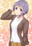  1girl bangs blush brown_jacket commentary_request grey_eyes grey_hair h3po4_chiba hand_in_hair idolmaster idolmaster_cinderella_girls jacket leaf leaf_background looking_at_viewer open_clothes open_jacket open_mouth otokura_yuuki shirt short_hair skirt sleeves_rolled_up solo white_shirt yellow_skirt 