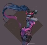  1girl ass back_cutout black_hair bodysuit breasts from_behind gloves head_mounted_display high_ponytail highres long_hair looking_back medium_breasts multicolored_hair original overwatch pink_bodysuit purple_hair purple_skin skin_tight solo thigh_pouch two-tone_hair very_long_hair widowmaker_(overwatch) yellow_eyes yunatsai_m 