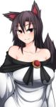  1girl animal_ears bare_shoulders black_hair blush breasts brooch closed_mouth collarbone dress imaizumi_kagerou jewelry kuroba_rapid large_breasts long_hair long_sleeves looking_at_viewer off-shoulder_dress off_shoulder red_eyes smile solo tail touhou upper_body white_dress wide_sleeves wolf_ears wolf_tail 