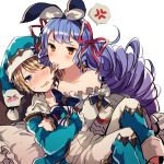  &gt;_&lt; 1boy 1girl :t anger_vein animal_ears biting blonde_hair blue_eyes blue_hair blue_hat blue_jacket blush copyright_request dress drill_hair ear_biting fake_animal_ears frilled_shirt frills hat ikeuchi_tanuma jacket long_hair long_sleeves looking_at_viewer lying on_back on_bed one_eye_closed pants pillow rabbit_ears shirt simple_background speech_bubble spoken_anger_vein white_background white_pants white_shirt yellow_eyes 