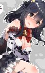  10s 1girl absurdres animal_ears animal_print bangs bell black_hair blush bow bowtie breasts brown_eyes cleavage cow_ears cow_horns cow_print elbow_gloves eyebrows_visible_through_hair gloves grey_background hair_between_eyes highres horns ikeuchi_tanuma kantai_collection long_hair looking_at_viewer medium_breasts open_mouth pun red_bow red_bowtie sidelocks solo tears thigh-highs ushio_(kantai_collection) 